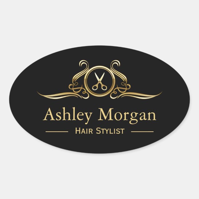 Gold Luxury Beauty Salon Haar Cut Schere Logo Ovaler Aufkleber (Vorderseite)