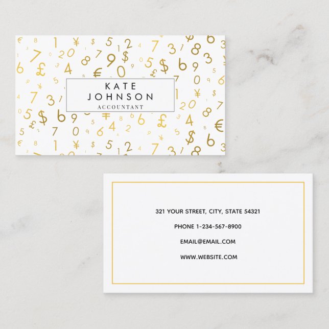 Gold Luxury Number & Currency Symbols Buchhalter Visitenkarte (Vorne/Hinten)