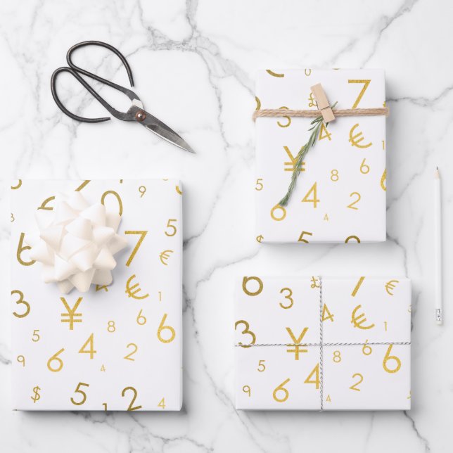 Gold Luxury Numbers & Currency Symbols Muster Geschenkpapier Set (Vorderseite)