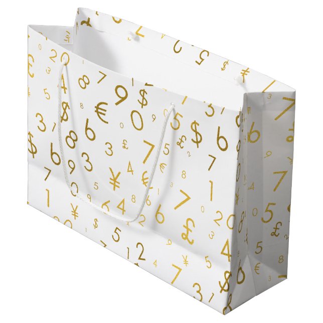 Gold Luxury Numbers & Currency Symbols Muster Große Geschenktüte (Vorderseite Schrägansicht)