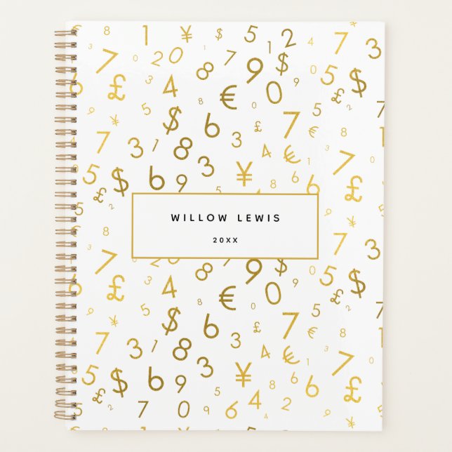 Gold Luxury Numbers & Currency Symbols Muster Planer (Vorderseite)