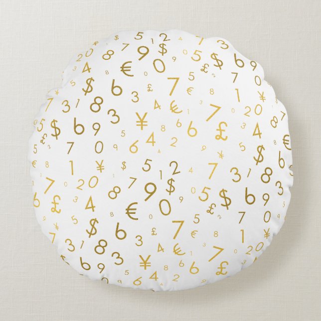 Gold Luxury Numbers & Currency Symbols Muster Rundes Kissen (Vorderseite)