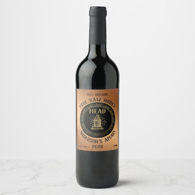 Gold Luxus Bienenstock Honigwein Weinetikett (Vorderseite)