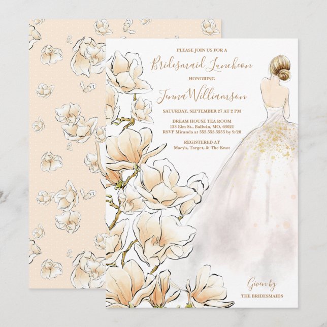 Gold Magnolia Bridesmaid Luncheon Einladung (Vorne/Hinten)