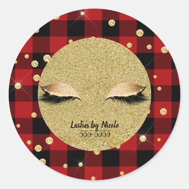 Gold Makeup Eye Lashes Holiday Red Buffalo Kariert Runder Aufkleber (Vorderseite)