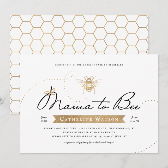 Gold Mama to Bee Baby Dusche Einladung (Vorne/Hinten)