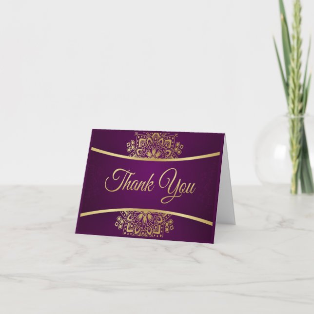 Gold Mandala auf Lila Hochzeit Dankeschön Karte (Vorderseite)