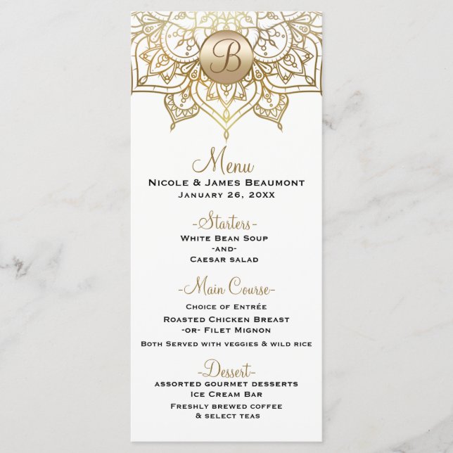 Gold Mandala Blanc Moderne Elégant Menu Mariage (Devant)