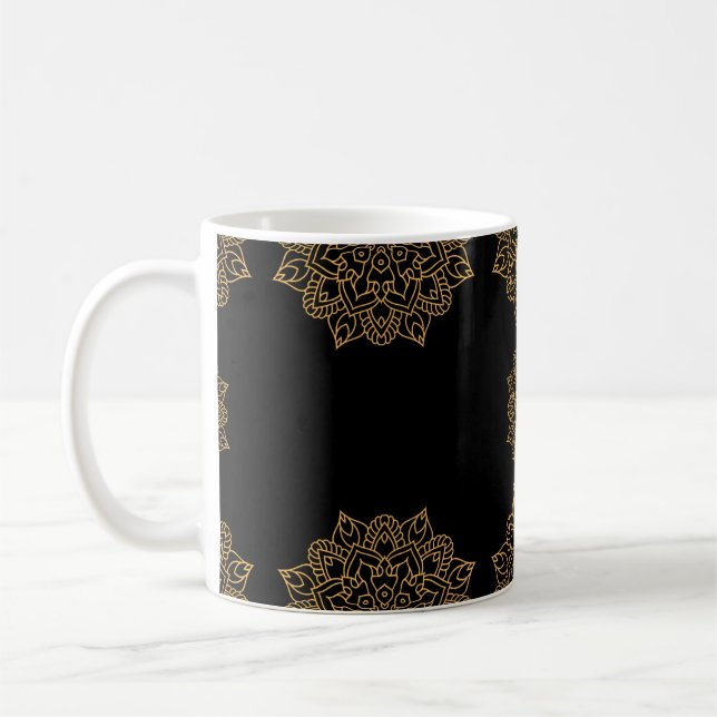 Gold Mandala Blume mit schwarzem Muster Kaffeetasse (Links)