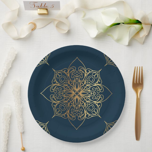Gold Mandala Damask Muster Pappteller (Hochzeit)
