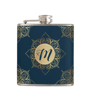 Gold Mandala Damask Muster und Monogram Flachmann