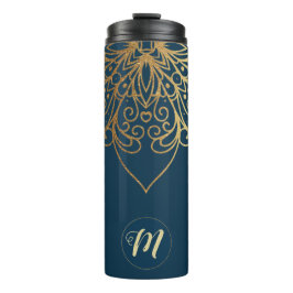 Gold Mandala Damask Muster und Monogram Thermosbecher