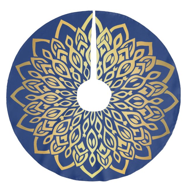 Gold Mandala Navy Blue Christmas Polyester Weihnachtsbaumdecke (Vorderseite)