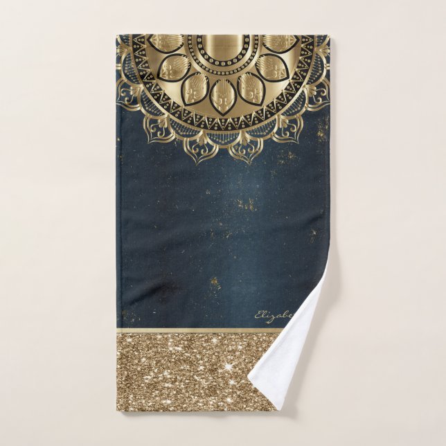 Gold Mandala, Parties scintillant Navy Blue (Serviette à main)