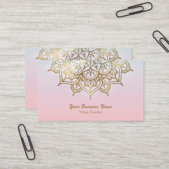 Gold Mandala Pink Peach Chic Modern Yoga Studio Visitenkarte (Vorderseite/Rückseite Beispiel)