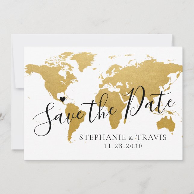 Gold Map Hochzeit in Urlaubsort Save the Date Kart Ankündigung (Vorderseite)