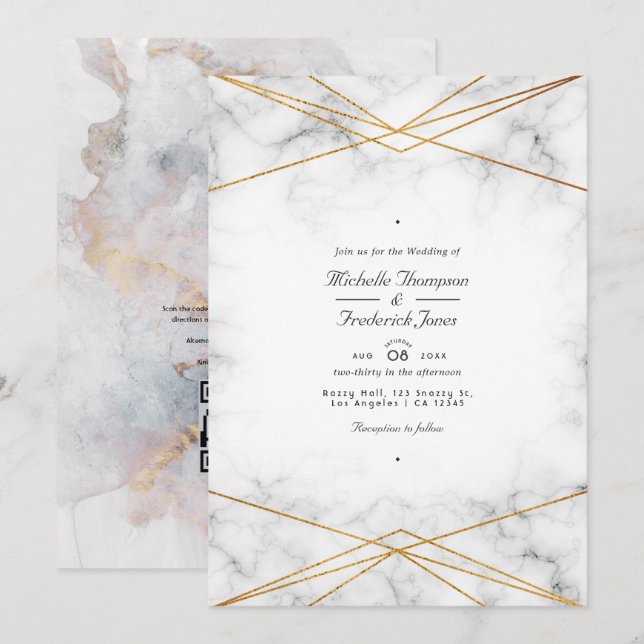 Gold Marble Geometric QR Code RSVP Wedding Einladung (Vorne/Hinten)