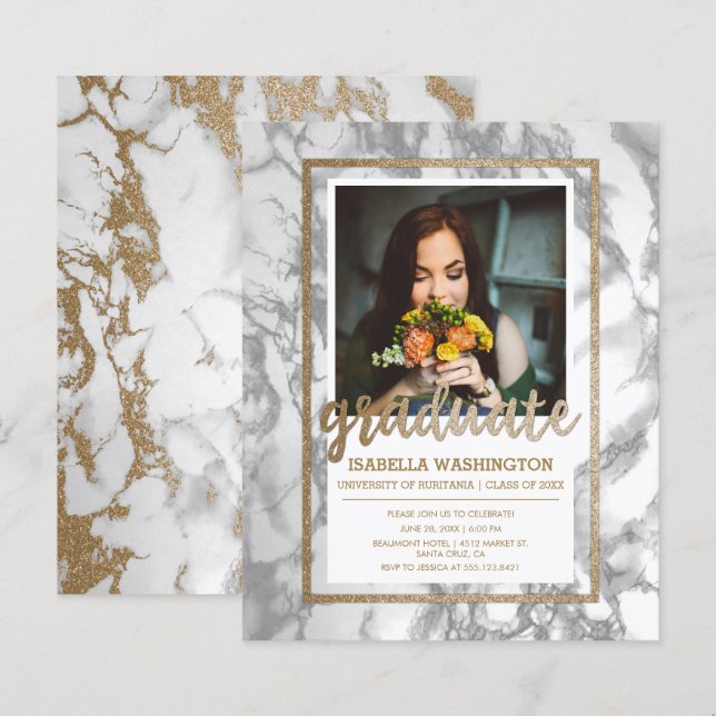 Gold Marble Script Foto Graduation Party (Vorne/Hinten)