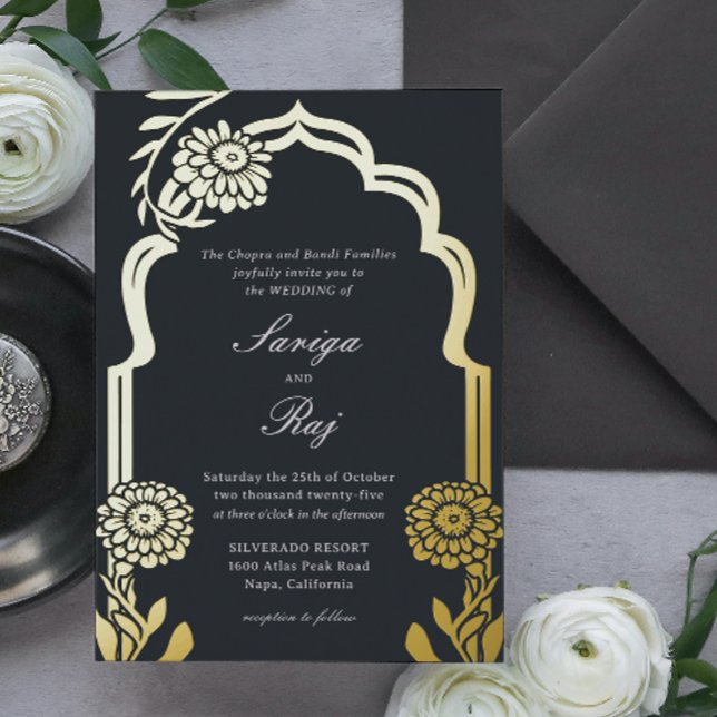 Gold Marigold Indian Wedding Einladung (indian wedding invitation, hindu wedding invitation, gold foil marigold floral mundap canopy arch)