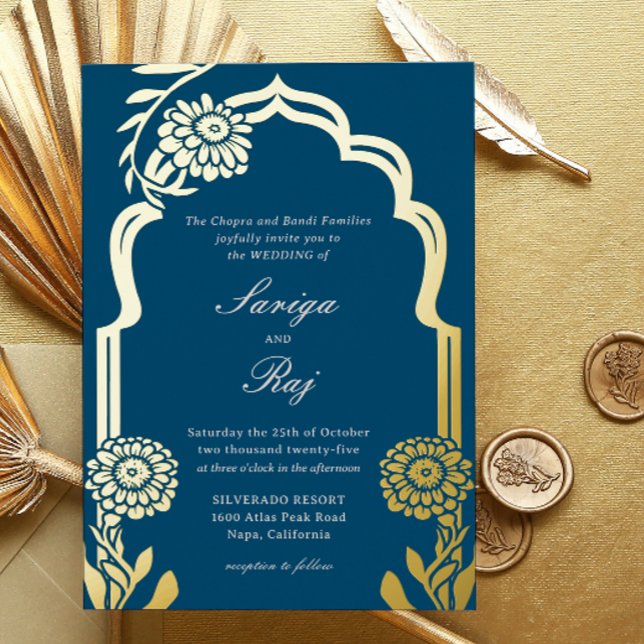 Gold Marigold Indian Wedding Einladung (indian wedding invitation, hindu wedding invitation, gold floral marigold flower mundap canopy arch)