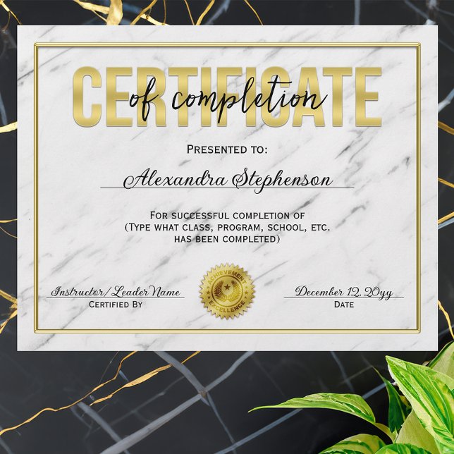 Gold-Marmor-Zertifikat für den Abschluss des Kurse (certificate of completion)