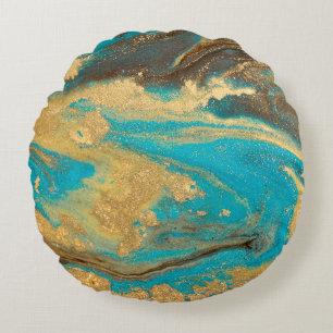 Gold Marmortextur Design. Blaue und goldene Marmel Rundes Kissen