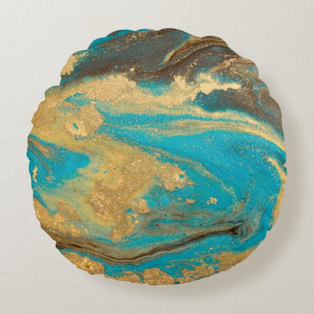 Gold Marmortextur Design. Blaue und goldene Marmel Rundes Kissen (Vorderseite)
