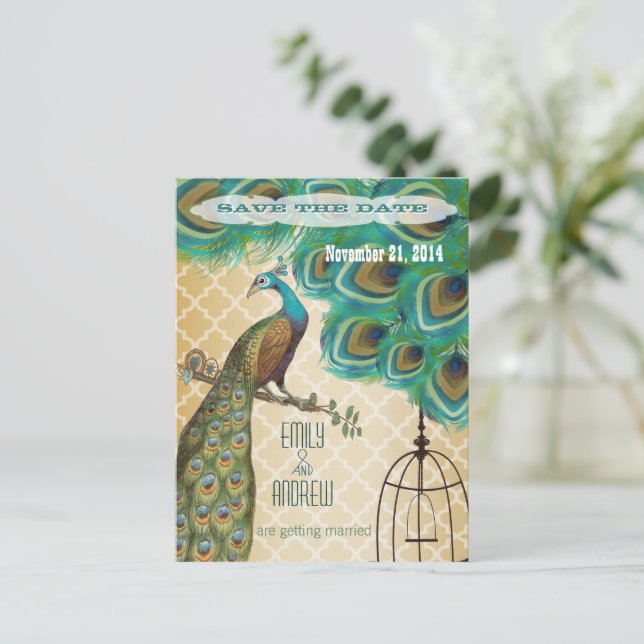 Gold marokkanische Tile Peacock Birdcage Save the  Ankündigungspostkarte (Stehend Vorderseite)