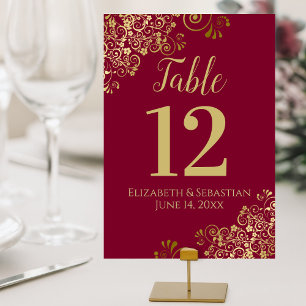 Gold & Maroon Burgundy Elegante Frilly Wedding Tischnummer