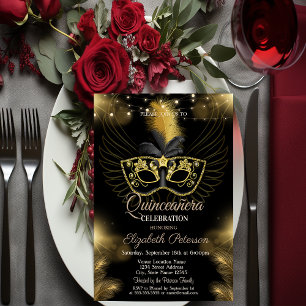 Gold Maske Diamonds Lights Black Quinceañera Einladung