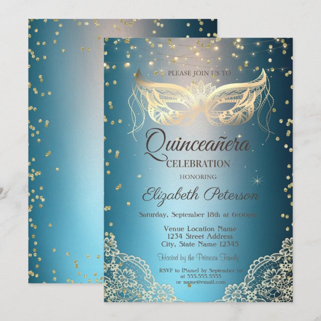 Gold Masqu Lace, Diamonds Quinceañera Einladung (Vorne/Hinten)