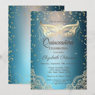 Gold Masqu Lace, Diamonds Quinceañera Einladung