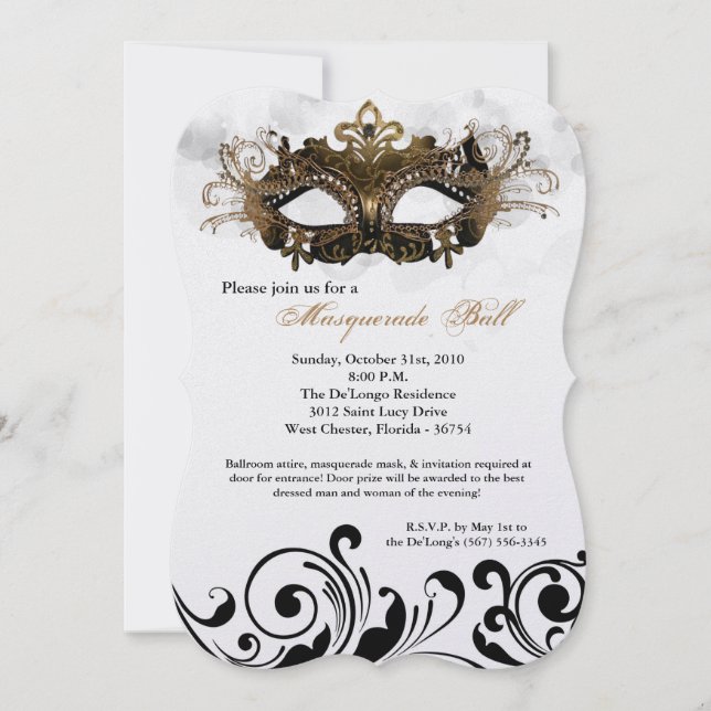 Gold Masquerade Ball Maskenkostüm Halloween Teil Einladung (Vorderseite)