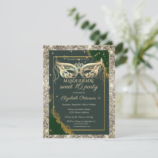 Gold Masquerade Glitter Green Sweet 16  Einladung (Stehend Vorderseite)