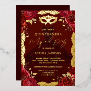 Gold Masquerade Party Rote Rose Kleid Quinceanera Folieneinladung