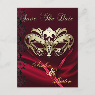 Gold Masquerade Red Jewel Save the Date Postcard Ankündigungspostkarte