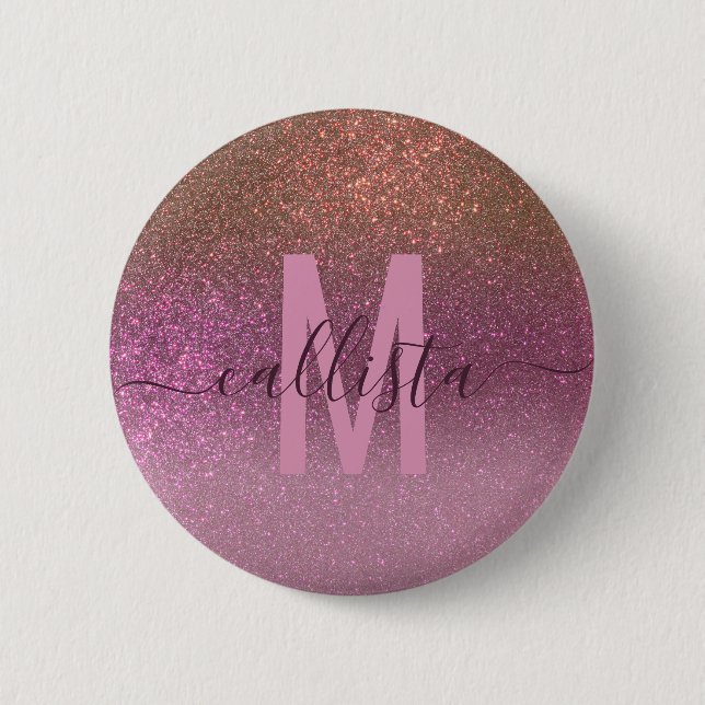 Gold Mauve Lila Funkelnd Glitzer Ombre Monogram Button (Vorderseite)