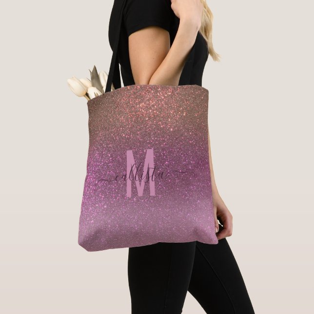 Gold Mauve Lila Funkelnd Glitzer Ombre Monogram Tasche (Von Nahem)
