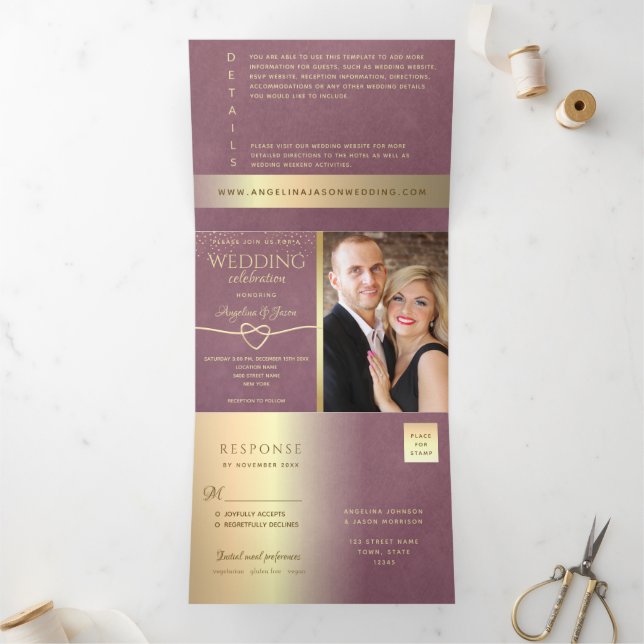 Gold Mauve Lila Wedding Dreifach Gefaltete Einladung (Innenseite)