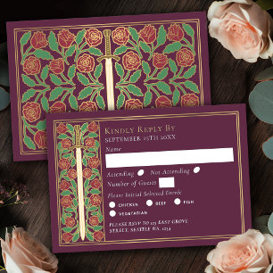 Gold-Mauve-Mittelalter-Blumen-Schwert-Hochzeits-RS RSVP Karte