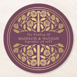 Gold-Mauve-Royal-Mittelalter-Schwert-Hochzeit Runder Pappuntersetzer