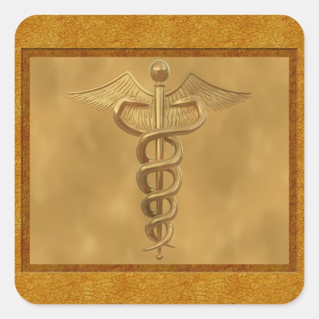 Gold Medical Caduceus Quadratischer Aufkleber (Vorderseite)