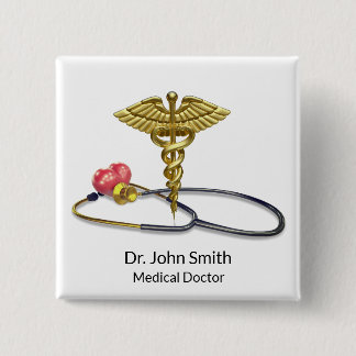 Gold Medical Caduceus & Stethoscope with Heart Button