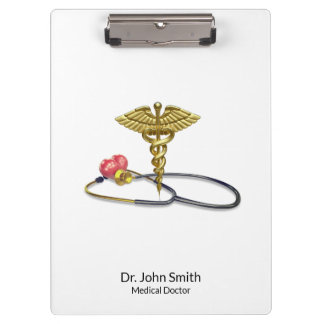 Gold Medical Caduceus & Stethoscope with Heart Klemmbrett