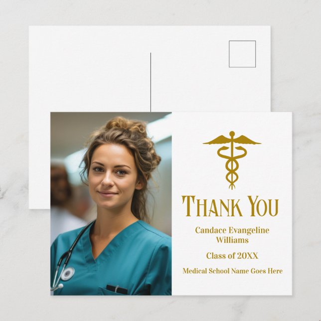 Gold Medical School Abschluss Foto Vielen Dank Postkarte (Vorne/Hinten)