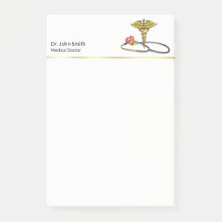 Gold Medical Stethoscope & Caduceus with Heart Post-it Klebezettel