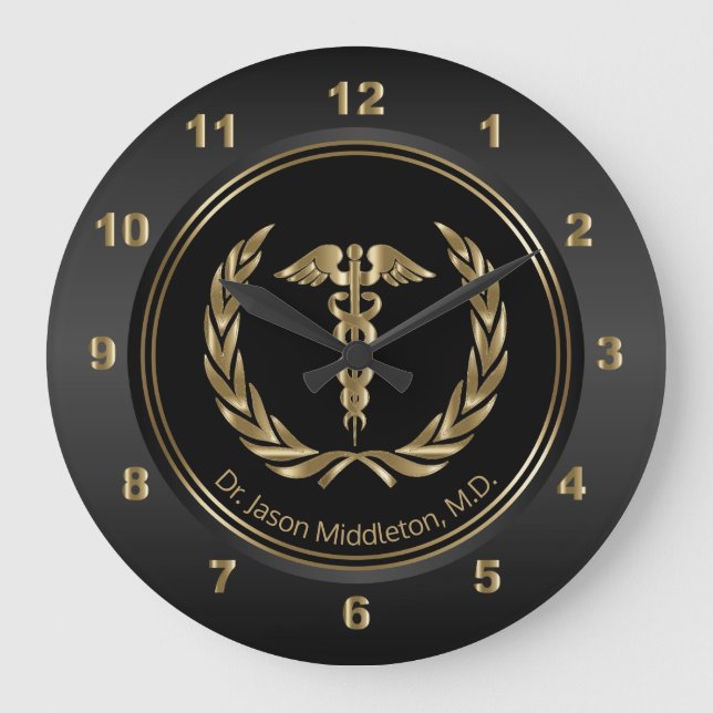 Gold Medical Symbol on Black Große Wanduhr (Vorderseite)