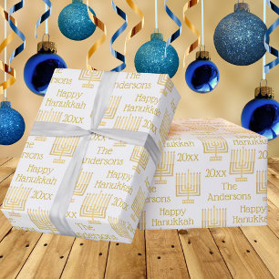 Gold Menorah auf White Chic Hanukkah Personalisier Geschenkpapier