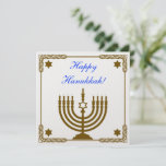 Gold Menorah Einladung<br><div class="desc">Square Perle schimmert Einladung mit einem Bild einer goldenen Menorah in einem goldvergoldeten Rahmen mit einem Stern von David in jeder Ecke auf weiß und eine blaue individualisierbare Stimmung. Die Rückseite hat ein Bild eines goldvergoldeten Rahmens und anpassbaren Text. Siehe dazu passende Grußkarte, viereckiger Aufkleber und Packpapier. Die gesamte Hanukkah...</div>