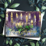 Gold Menorah Happy Hanukkah Lila Blue Folien Feiertagskarte<br><div class="desc">Gold Menorah Happy Hanukkah</div>